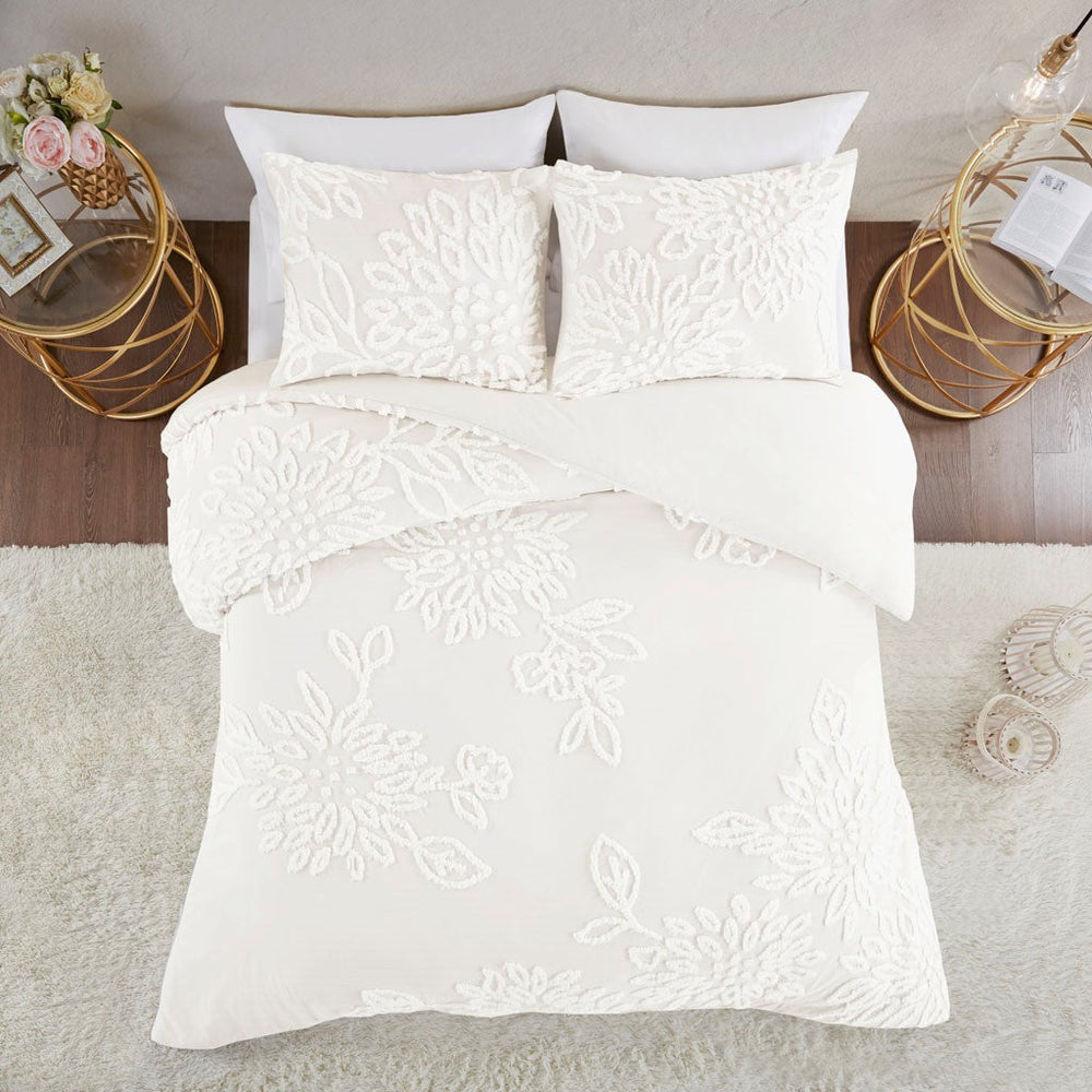 Full/Queen 3 Piece Tufted Cotton Chenille Floral Duvet Cover Set Media 2