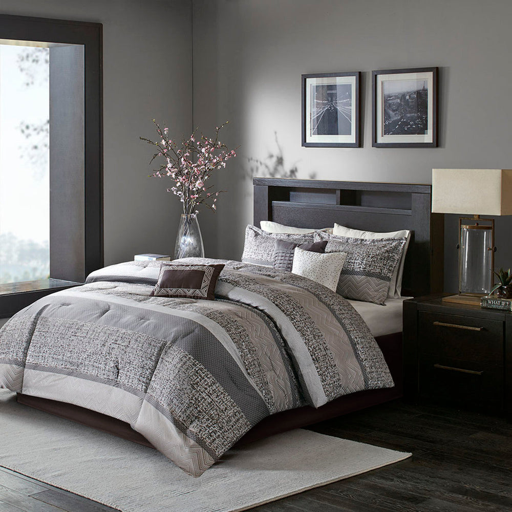 7 Piece Jacquard Comforter Set Grey/Taupe Queen Media 1