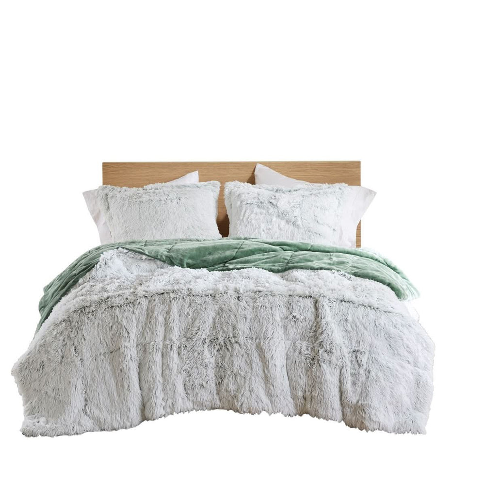 Faux Fur Comforter Set Shaggy Twin XL Green & White Cozy Bedding For Home Decor Accent Media 6