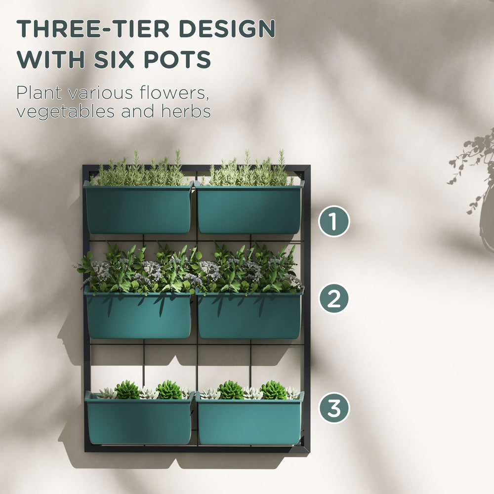 Outsunny 3-Tier Wall Planter with 6 Pots for Indoor and Outdoor Use, Hanging Plant Holder, Self Draining Wall Mounted Planter for Vegetables, Flowers, Herbs, Green Media 5