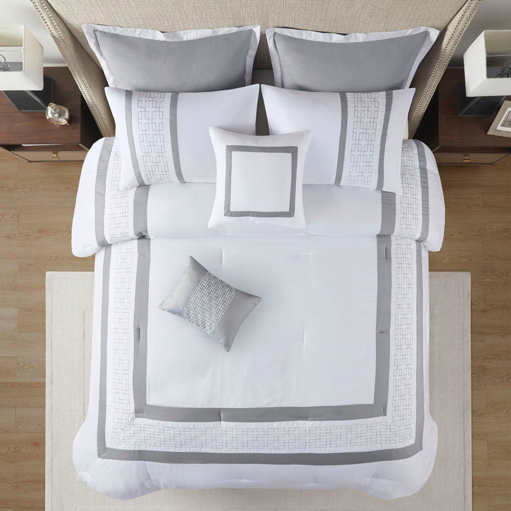 8 Piece Embroidered Comforter Set White Queen Media 8
