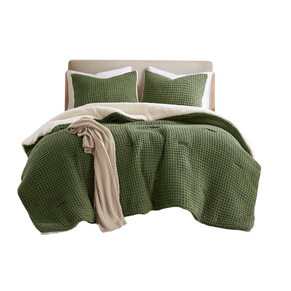 3 Pieces King/Cal King Waffle Knit Chenille Comforter Set,Olive Media 15