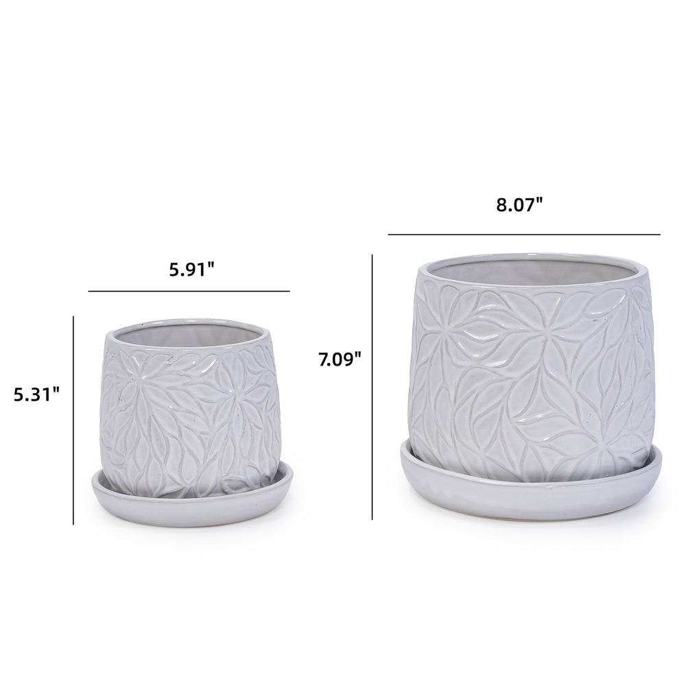Handmade White Glossy Ceramic Planter Set of 2, 6' & 8' Diameter, Leaf Pattern Design, for Succulents and Herbs Indoor/Outdoor Shelf & Table Use, Breathable Clay with Saucers Media 5