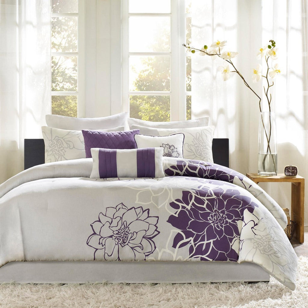 Printed Cotton Sateen Comforter Set Taupe Grey/Purple Cal King Media 1