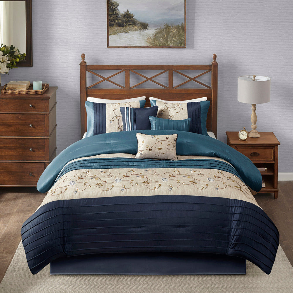Embroidered 7 Piece Comforter Set Navy Cal King Media 6