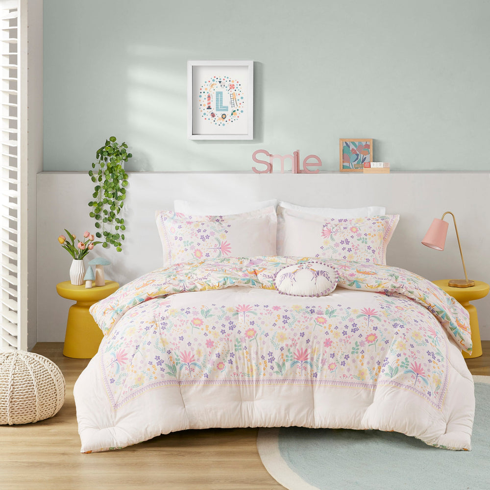 4 PCS Full/Queen Floral Reversible Cotton Comforter Set with Throw Pillow Purple Media 4