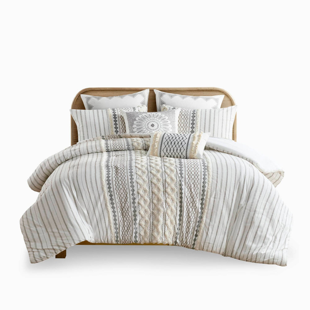 Cotton Printed Comforter Set with Chenille Ivory Full/Queen Media 18