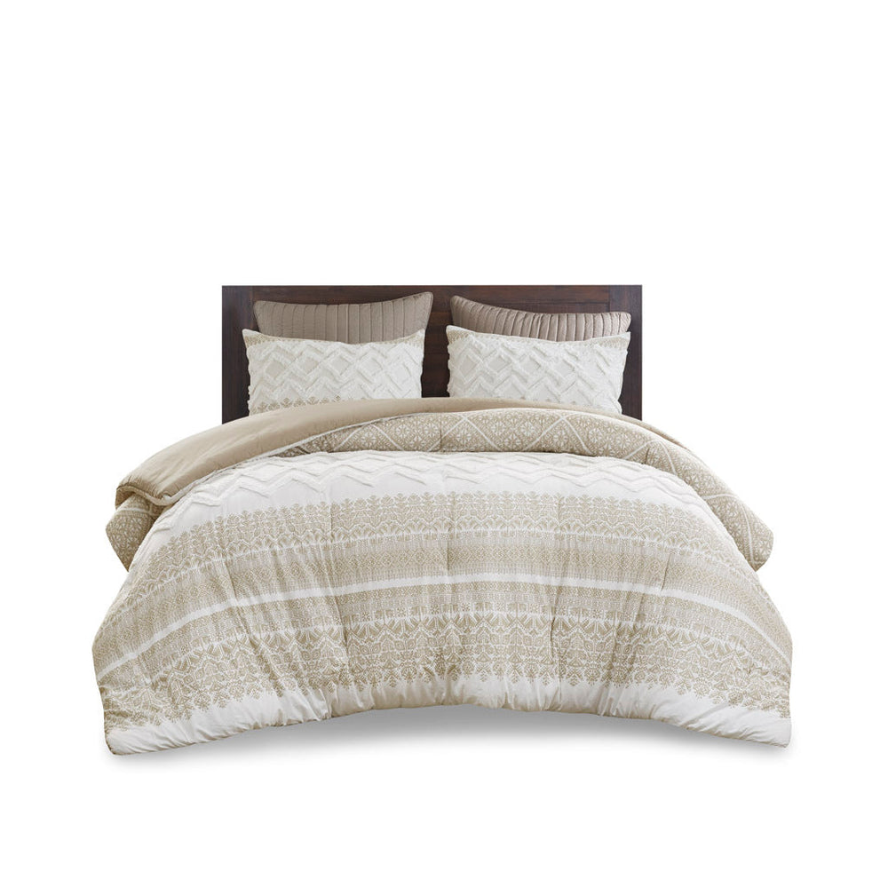 3 Piece Cotton Comforter Set with Chenille Tufting Taupe Full/Queen Media 9
