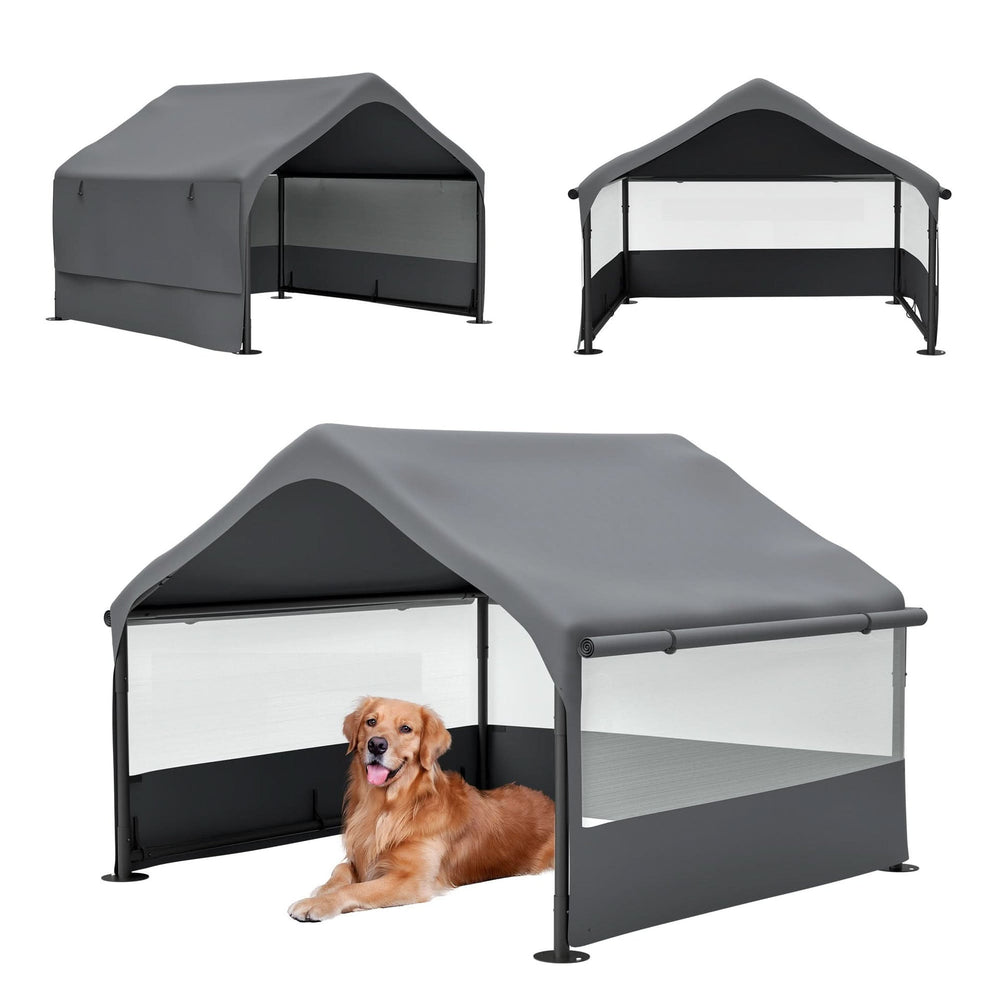 Extra Large Outdoor Dog House Tent with 3-Sided Mesh Windows, Breathable Sun Rain Cover Pet Shelter with Canopy and Ground Stakes for Dogs, Cats, Livestock – 4' x 4' x 3.3', Gray Media 1