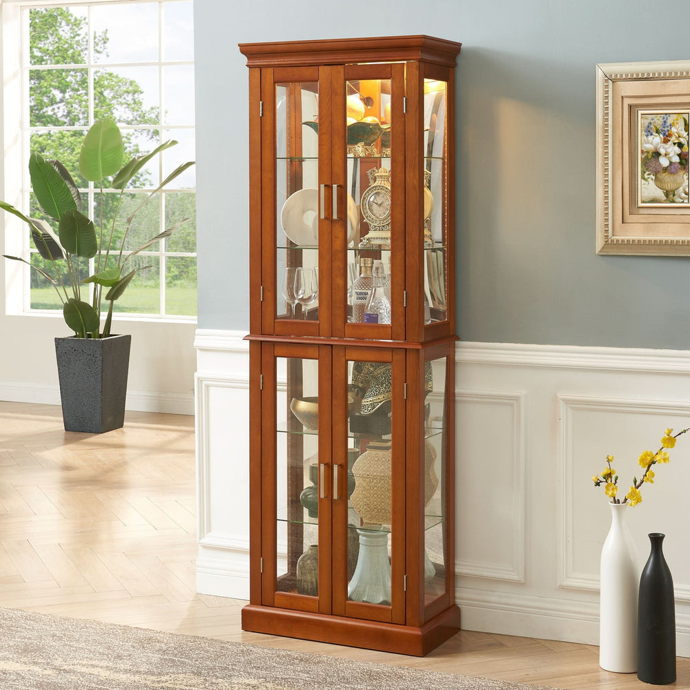 Glass Display Cabinet Tempered Glass Doors Walnut Finish Transitional Media 5