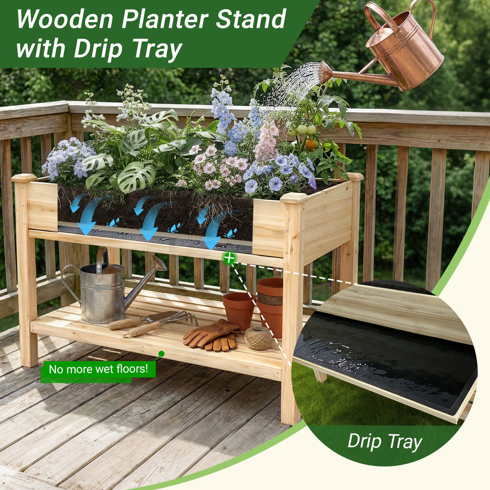 Raised Garden Bed 48x23x31.1-inch Elevated Wood Planter with Water Collection Tray, Storage Shelf, Protective Liner Media 4