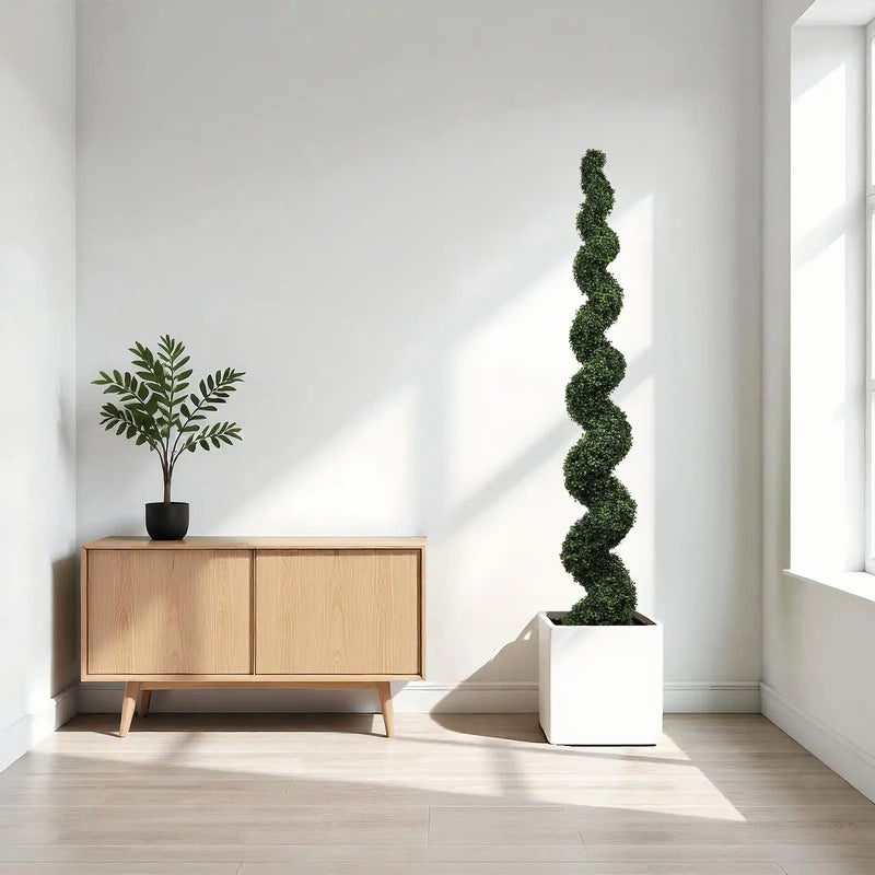 7FT Spiral Topiary Trees Artificial Outdoor Faux Boxwood Plants Large Twisted Green Potted Trees with Dark Green Leaves for Garden Front Porch Patio Planter Decoration, 1pc/set