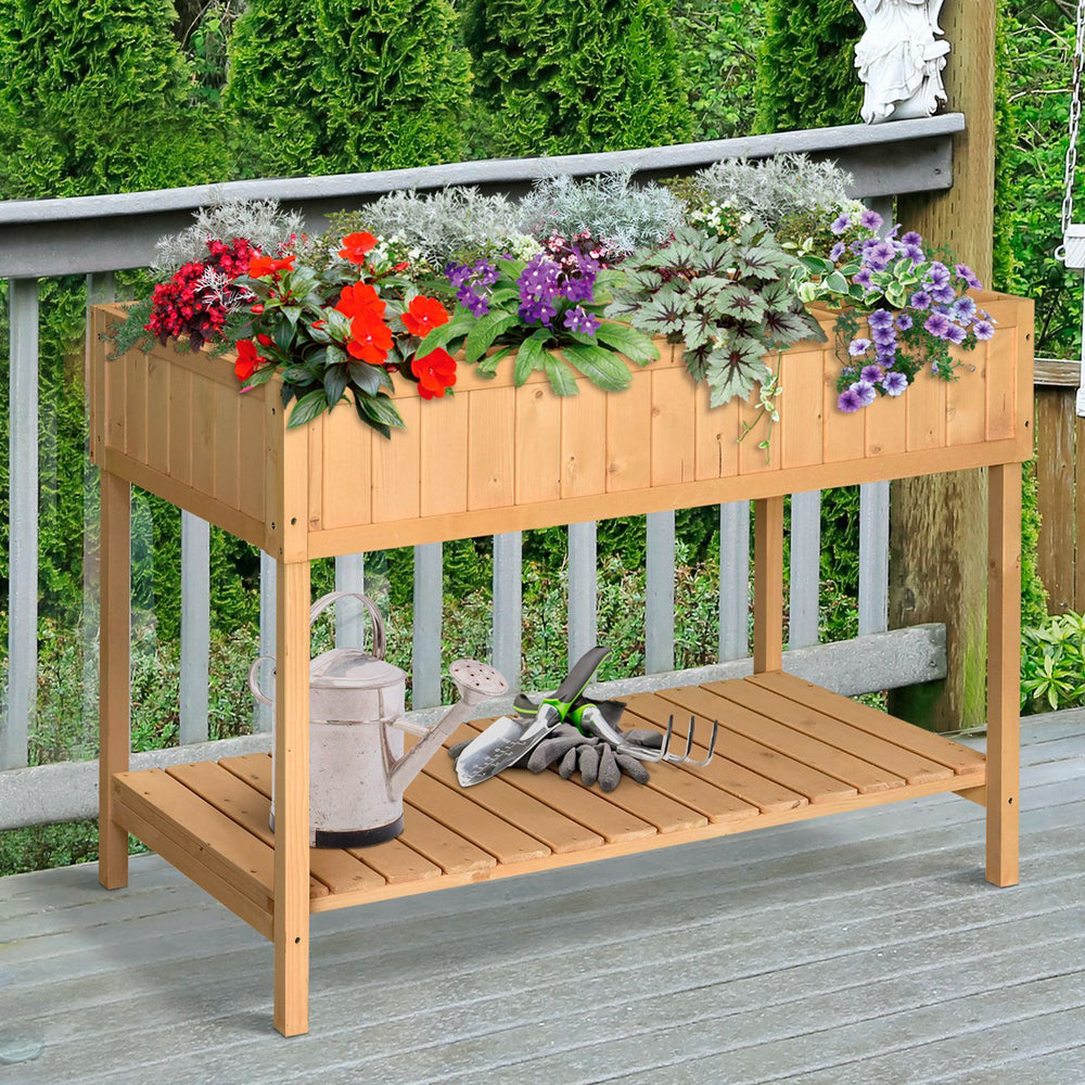 Outsunny 43x18x30in Raised Garden Bed with 8 Pockets and Shelf, Wooden Elevated Planter Box with Legs to Grow Herbs, Vegetables, and Flowers, Natural Media 9