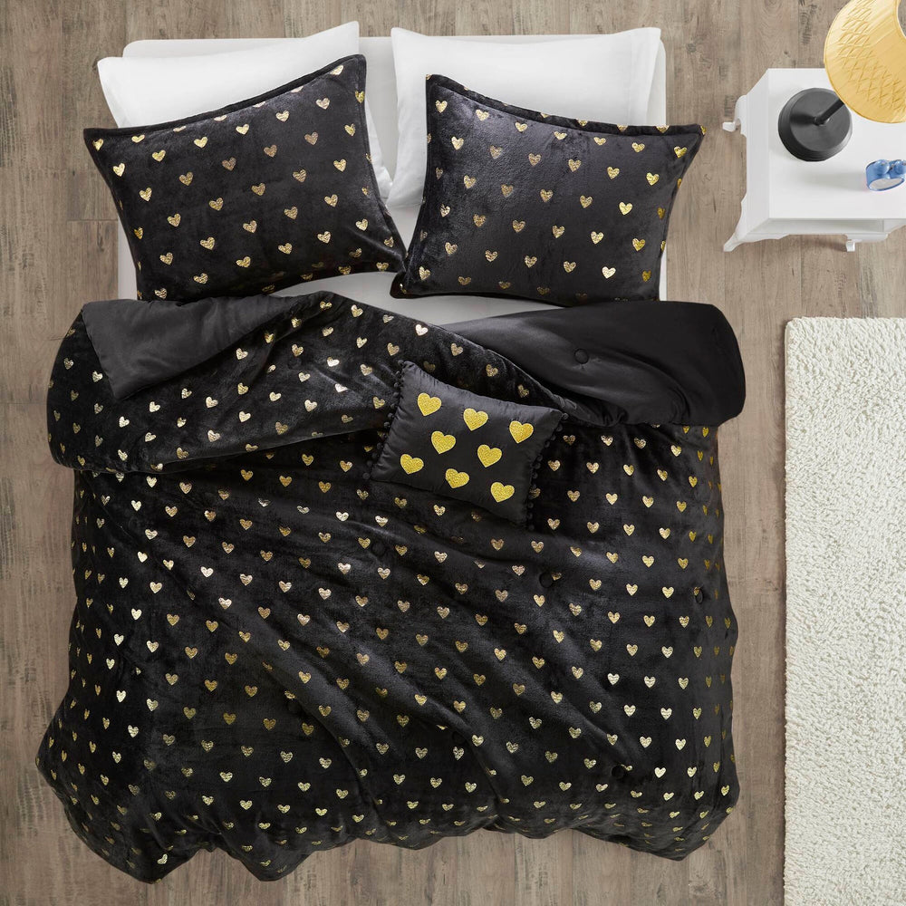 3 PCS Twin/Twin XL Metallic Printed Plush Comforter Set with Throw Pillow Black/Gold Media 7