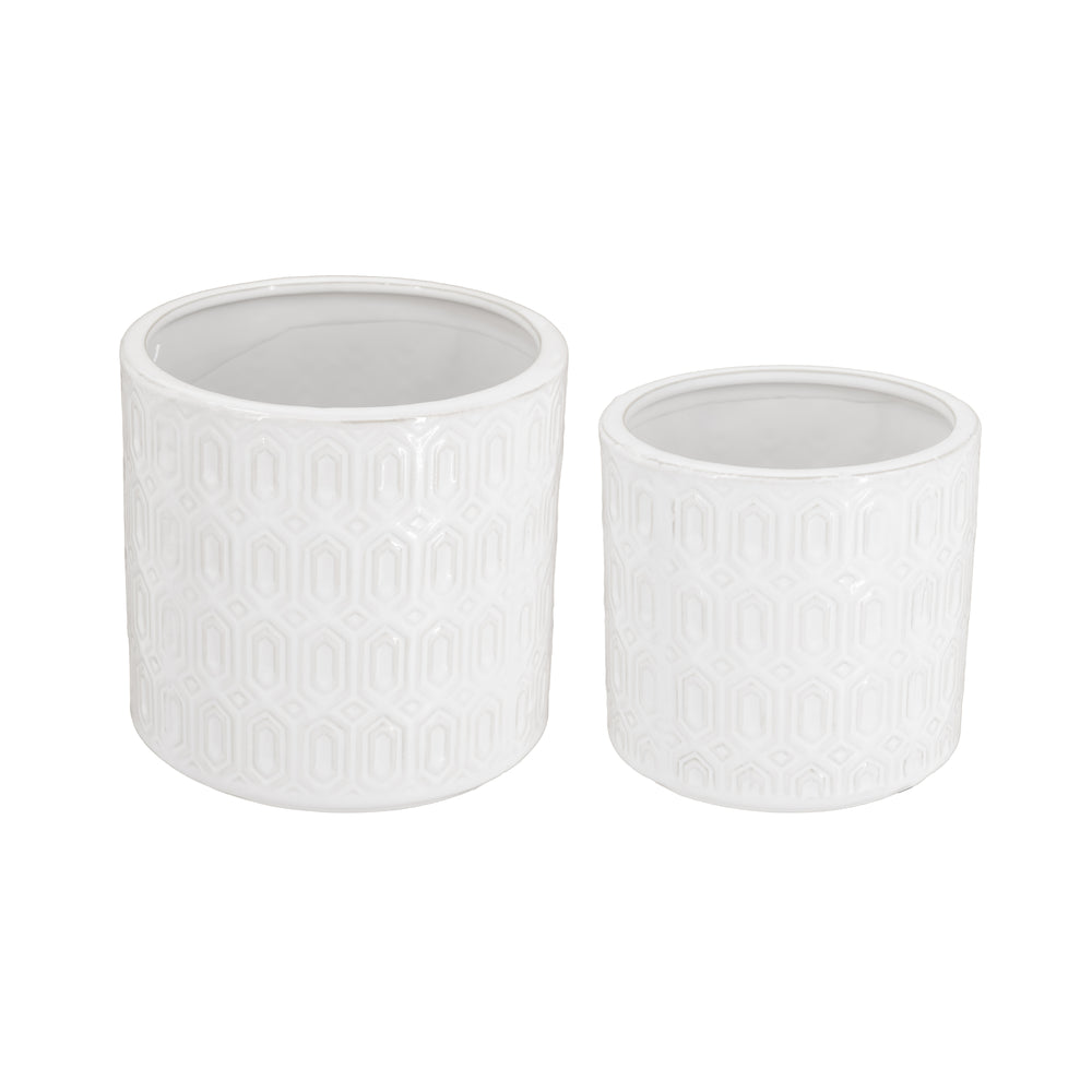 S/2 White Ceramic Planters with Geometric Motifs Media 2
