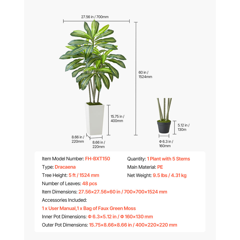 Artificial Dracaena Tree 5 ft, Fake Palm Tropical Plants with White Tall Planter, Faux Floor Silk Plant in Pot, Large Trees for Home Office Living Room Decor House Warming, Indoor Outdoor Media 4