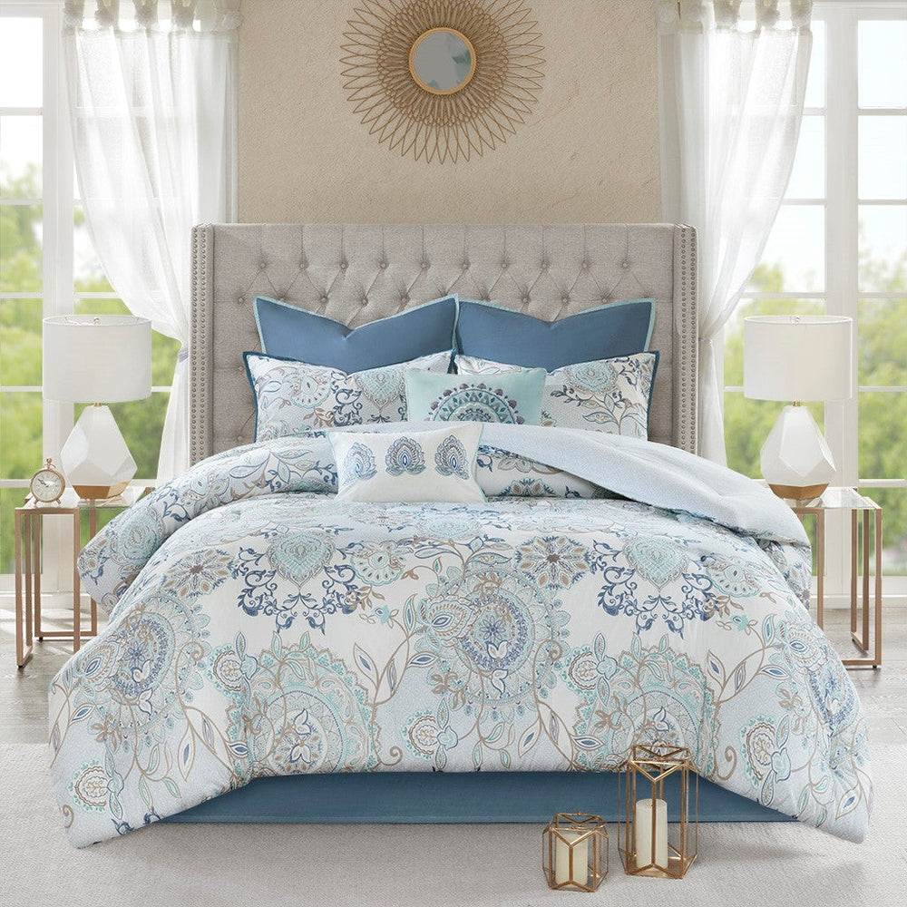 8 Piece Cotton Floral Printed Reversible Comforter Set Blue King Media 2