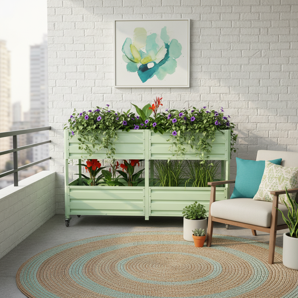 Dual Tier Elevated Metal Raised Garden Bed with Lockable Wheels, Staggered 2-Layer Raised Planter Box for Vegetables Herbs Flowers, Outdoor Patio Backyard Green Planting Bed,Green Media 10