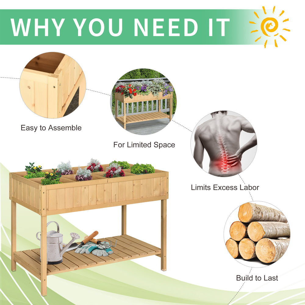 Outsunny 43x18x30in Raised Garden Bed with 8 Pockets and Shelf, Wooden Elevated Planter Box with Legs to Grow Herbs, Vegetables, and Flowers, Natural Media 4