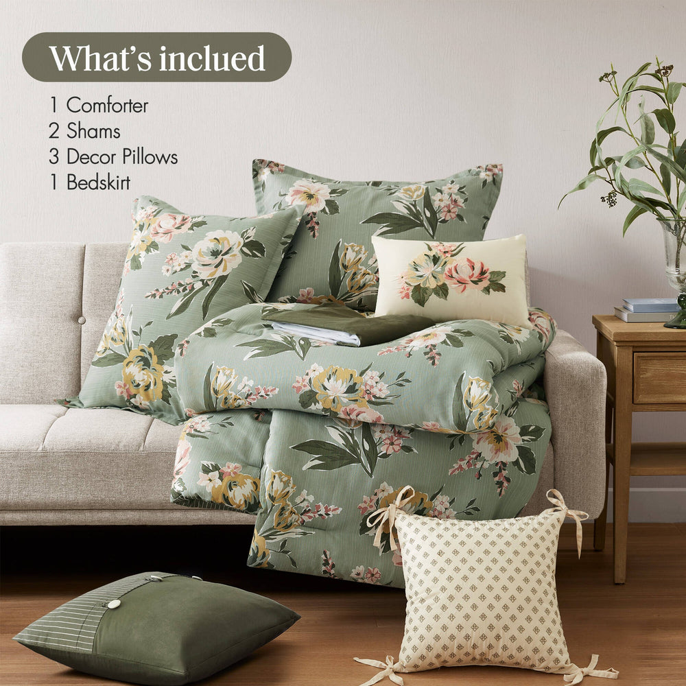 7-Piece Queen Vin  Floral Comforter Set, Green Media 13
