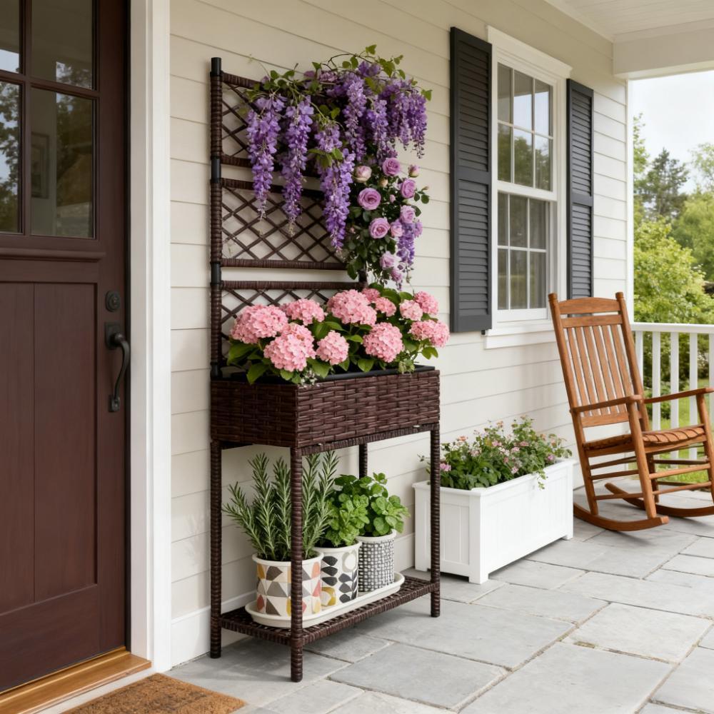 Freestanding Rattan Garden Box,Outdoor Wicker Planter with Trellis for Climbing Plants,with Storage Shelf Media 1