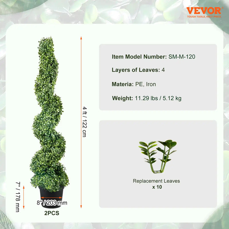 2 pcs. Artificial Boxwood Tower Topiary Spiral Artificial Plant 122cm high Decorative Plant Green Plastic PE Iron Topiary Plants incl. 10 pcs. Replacement Leaves