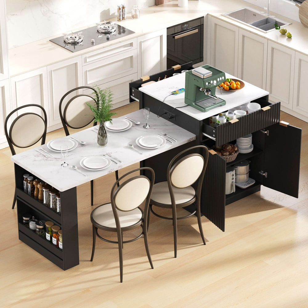 Kitchen Island Modern With Extendable Dining Table & Power Outlet For 4-6 People Black Media 1
