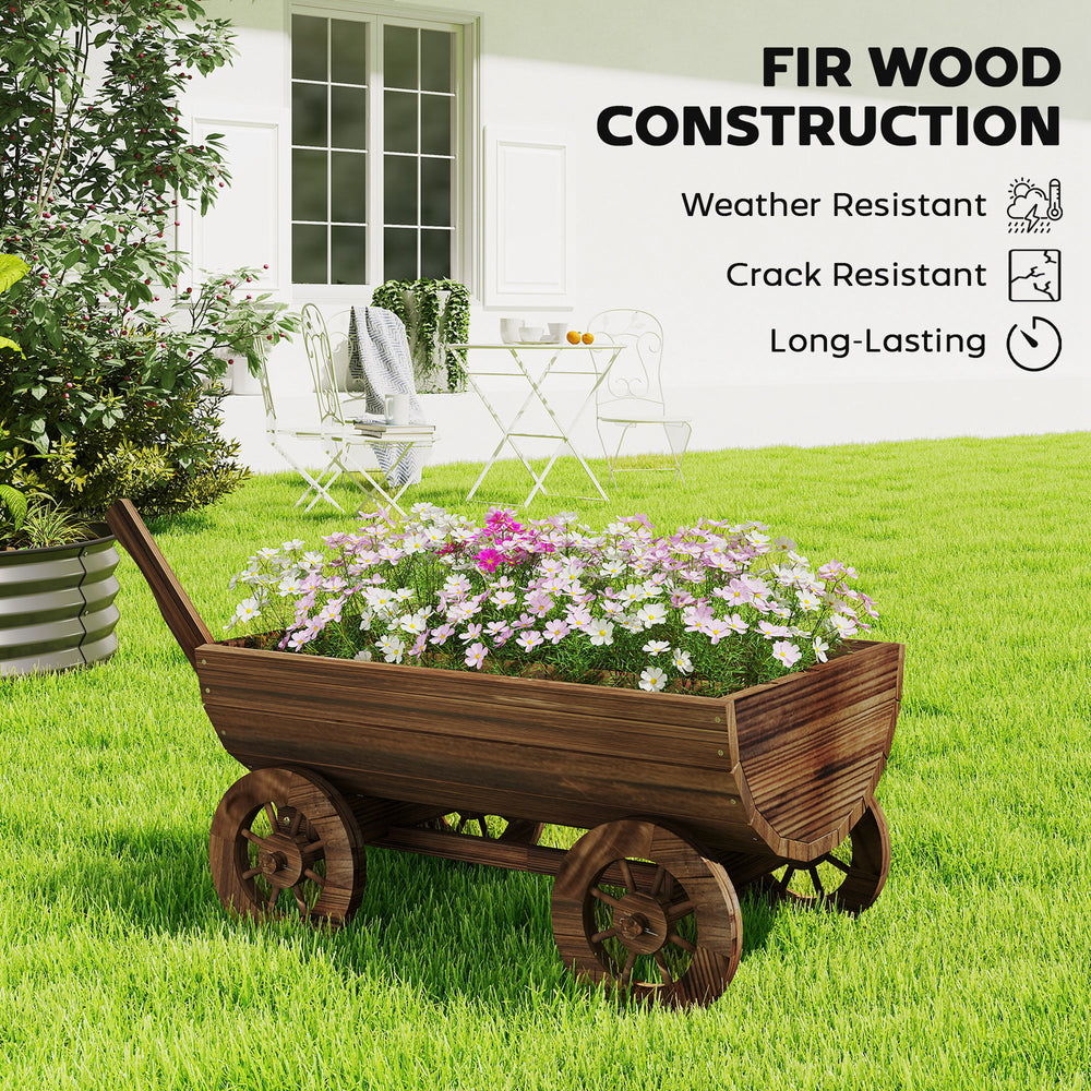 Outsunny Wooden Wagon Planter Box, Mobile Garden Planter with 4 Wheels, Small Wheelbarrow Wagon Flower Cart with Drainage Hole Media 4