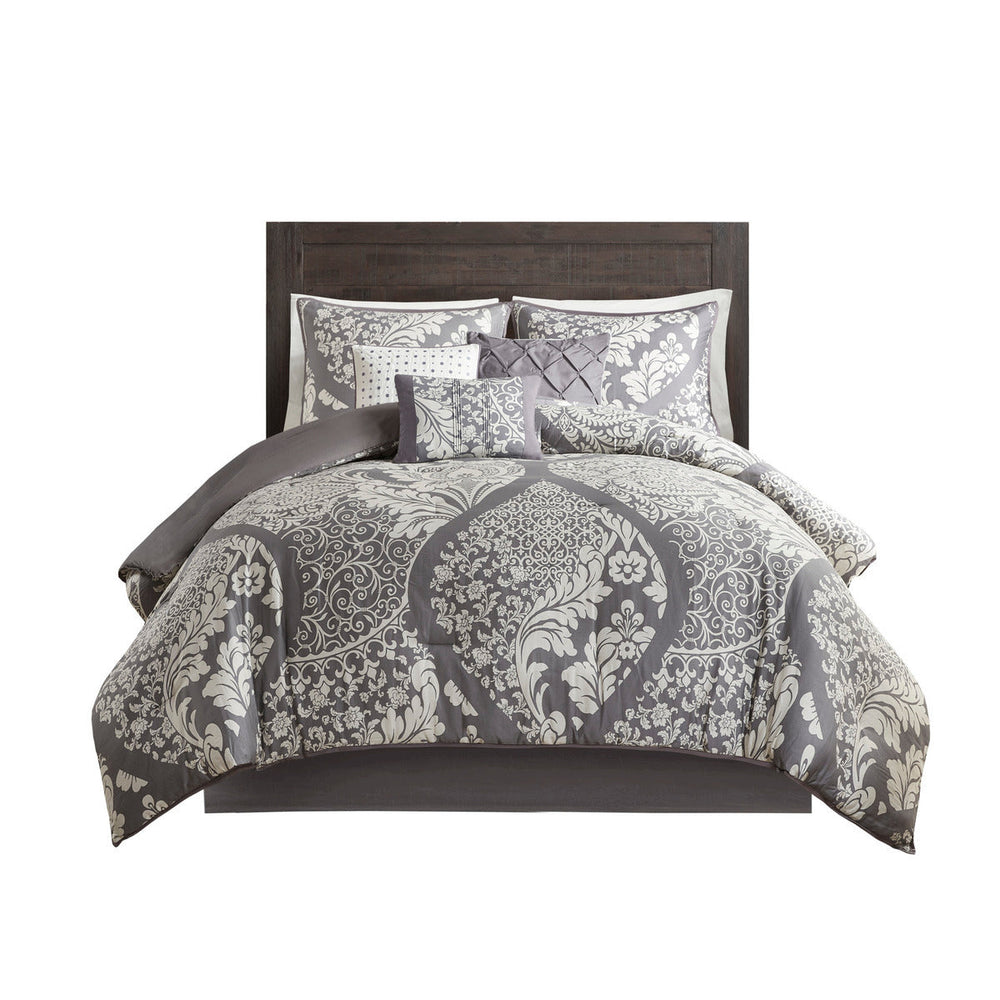 7 Piece Cotton Printed Comforter Set Grey Queen Media 6