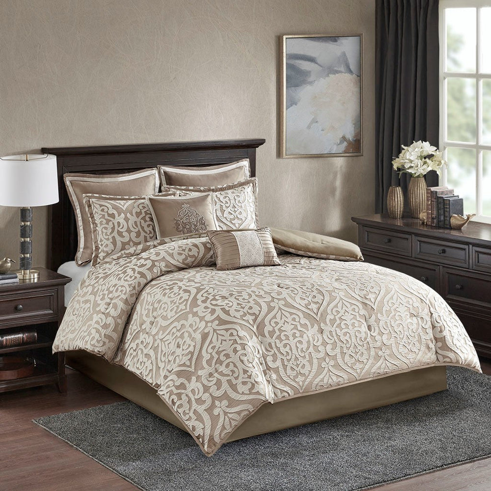 8 Piece Jacquard Comforter Set Tan/Ivory Queen Media 1