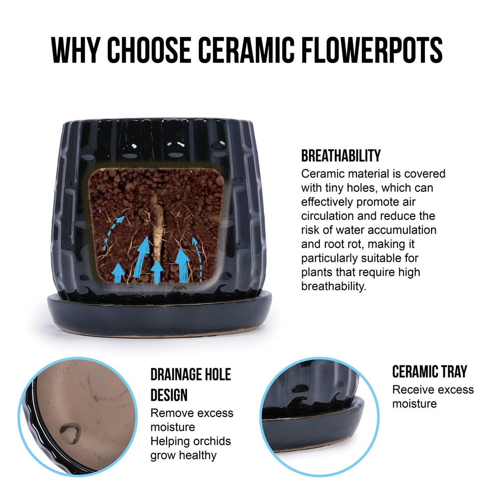 Handmade Ceramic Flower Pot with Groove Pattern, 6 & 8 Inch Diameter, Black Color for Orchids, Indoor/Outdoor Use on Windowsill & Bookshelf, Breathable Clay with Saucer Media 7