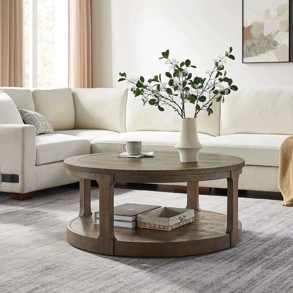 Round Wooden Coffee Table Solid Wood Curved Two-Tier Rustic 40 Inch Media 6