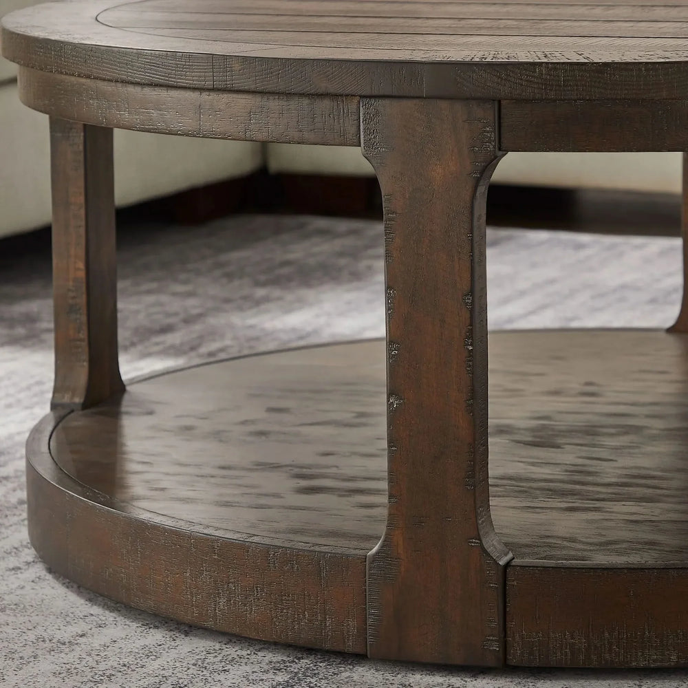 Round Wooden Coffee Table Solid Wood Curved Two-Tier Rustic 40 Inch Media 8