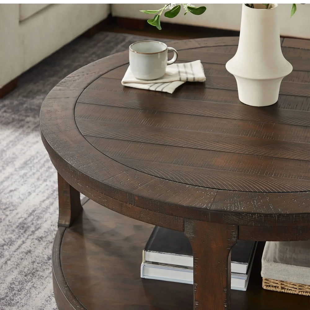 Round Wooden Coffee Table Solid Wood Curved Two-Tier Rustic 40 Inch Media 7