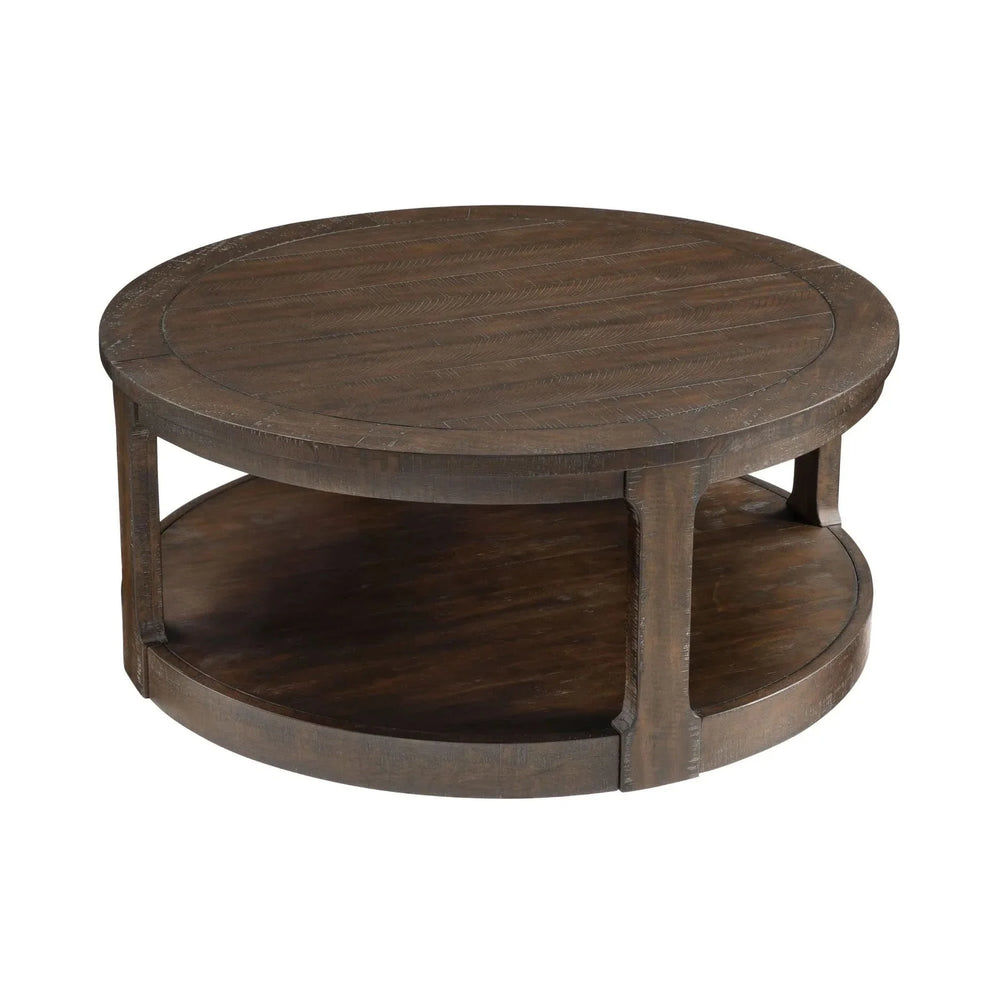 Round Wooden Coffee Table Solid Wood Curved Two-Tier Rustic 40 Inch Media 2