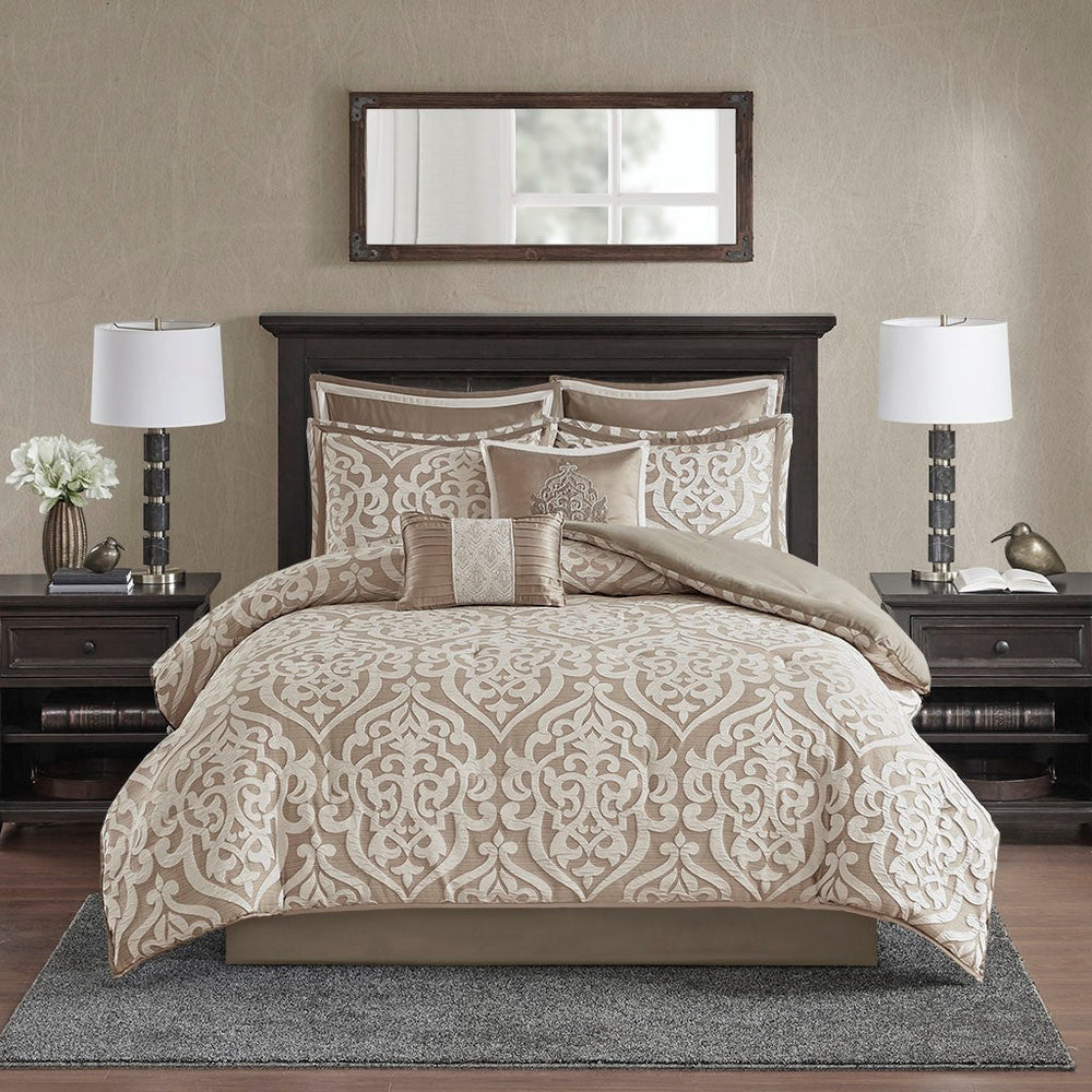 8 Piece Jacquard Comforter Set Tan/Ivory Queen Media 10