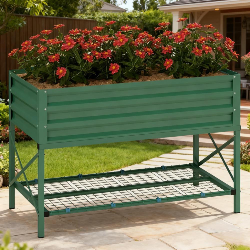 Spacious Gardening Bed,Metal Planter Box,Galvanized Raised Garden Bed,with Legs,Storage Shelf and Bed Liner Media 1