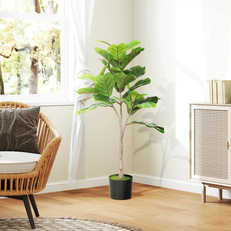 HOMCOM Fake Plant, Artificial Fiddle Leaf Fig Tree, Potted Plant with 28 PEVA Leaves and Flocked Soil, Green