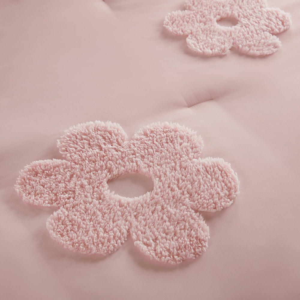 3-Piece Twin Floral Reversible Tufted Chenille Comforter Set with Flower Throw Pillow,Pink Media 4