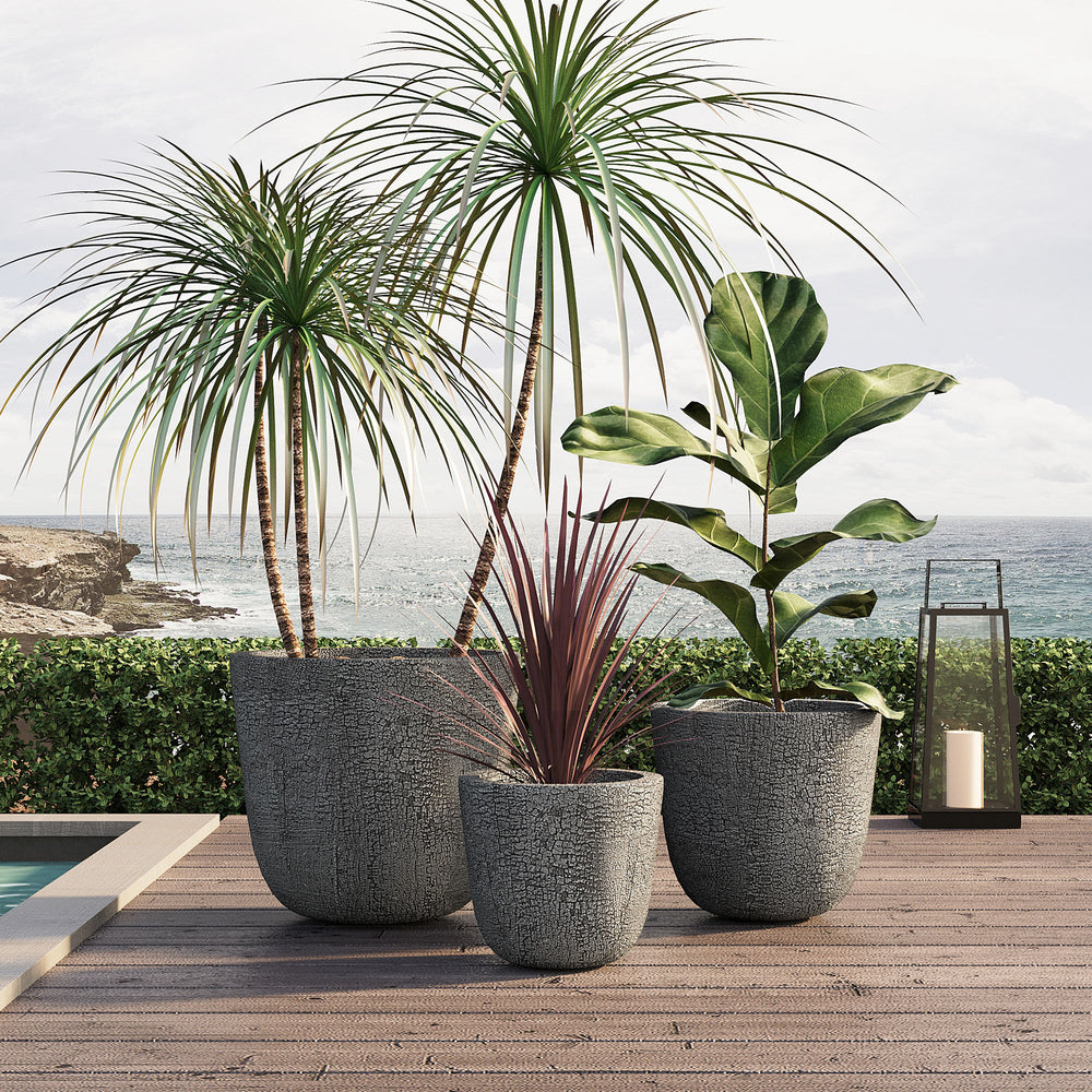 U_STYLE Lightweight MGO Planter Set of 3,16.93'+13.78'+11.02' Dia Round Concrete Stackable Flower Pots with Drainage Holes and Rubber Plug,Crackle Stone Texture for Patio Garden Balcony Indoor Outdoor Media 2