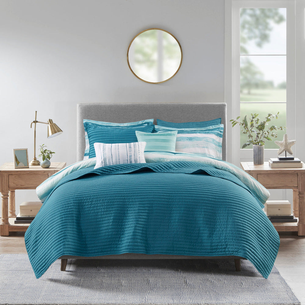 8 Piece Printed Seersucker Comforter and Quilt Set Collection Aqua King/Cal King Media 7