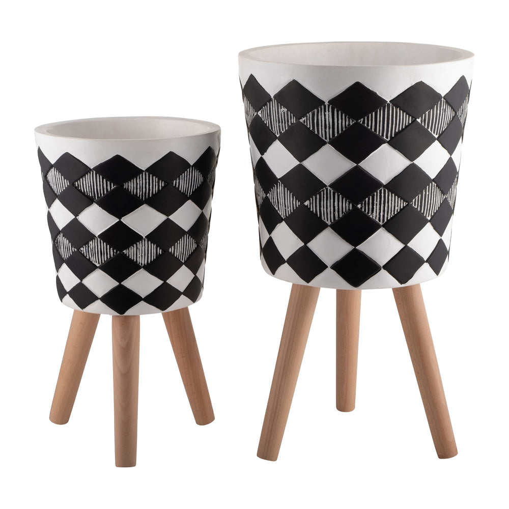 S/2 10/12' DIAMOND PLANTER W/ WOOD LEGS, BLACK(KD) Media 2