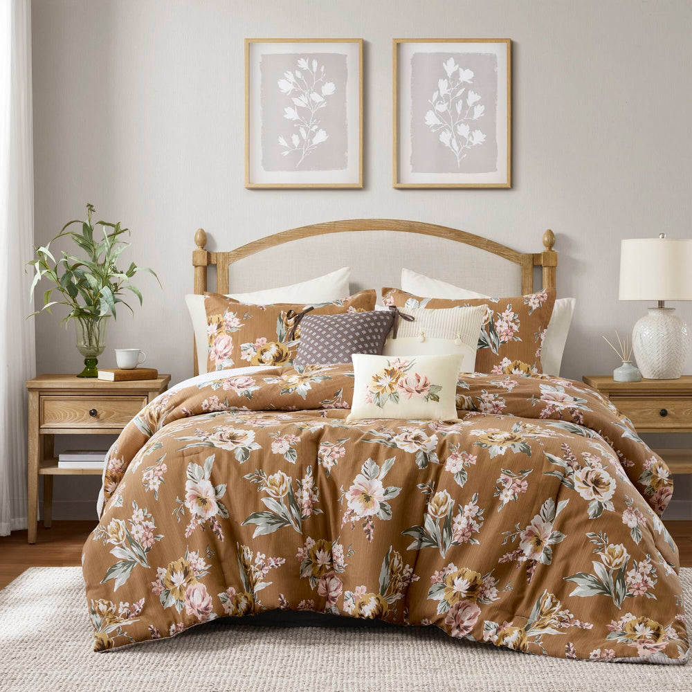 7-Piece King Vin  Floral Comforter Set, Terracotta Media 1