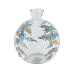 Round Clear Glass Vase with Blue and Gold Botanical Motifs perspective