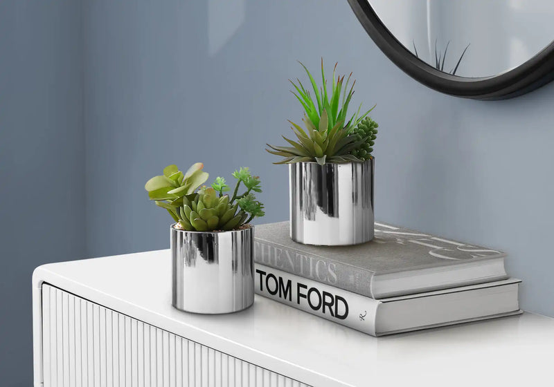 Artificial Plant, 7' Tall, Succulent, Indoor, Faux, Fake, Table, Greenery, Potted, Set Of 2, Decorative, Green Plants, Chrome Pots