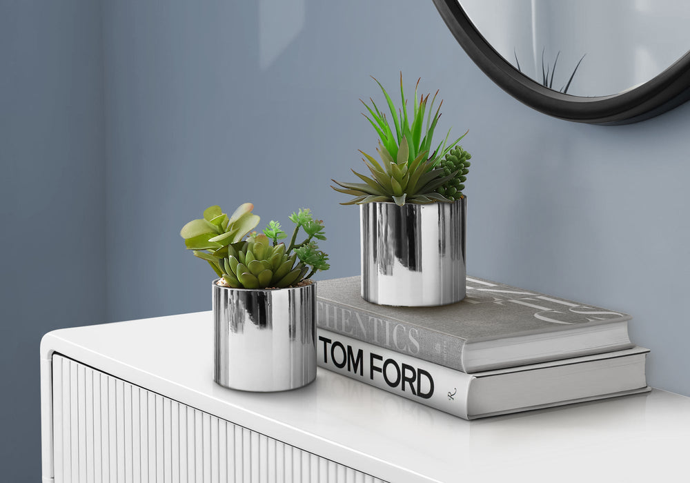 Artificial Plant, 7' Tall, Succulent, Indoor, Faux, Fake, Table, Greenery, Potted, Set Of 2, Decorative, Green Plants, Chrome Pots Media 1