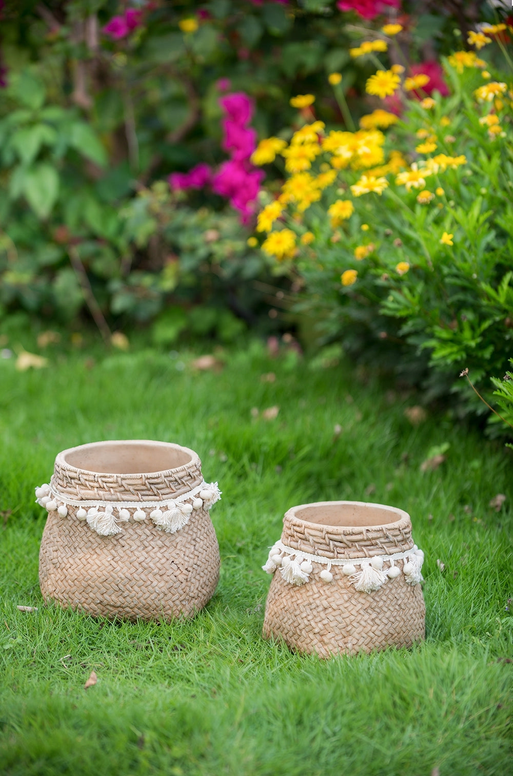 Set of 2 6.5x6.5x6' Brown Cement Planter with Woven Tassel Accent Media 10