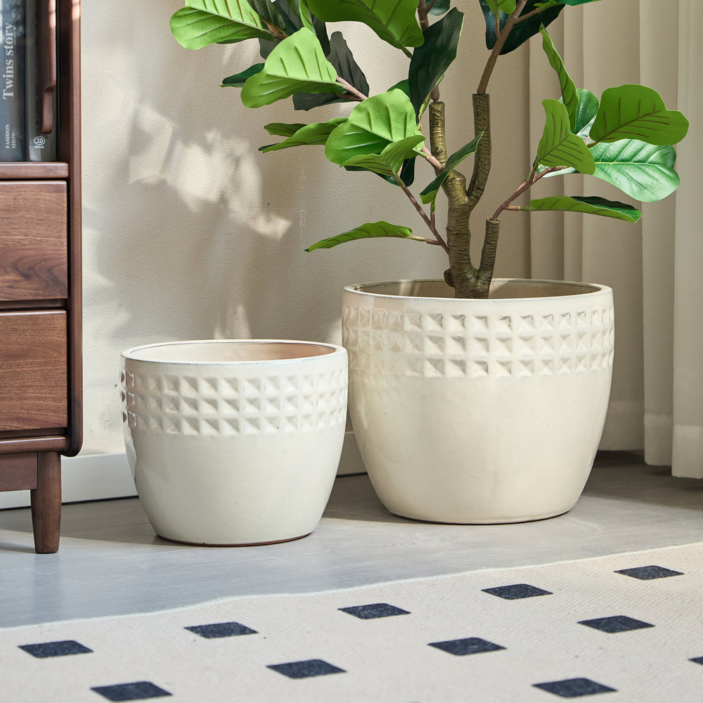Handmade Ceramic Flower Pot Set of 3, 15/12/9 Inch Diameter, White Diamond Pattern, for Succulents Indoor/Outdoor Use on Windowsill & Bookshelf, Breathable Clay Media 8