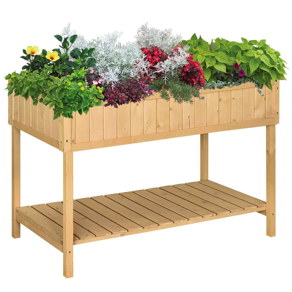 Outsunny 43x18x30in Raised Garden Bed with 8 Pockets and Shelf, Wooden Elevated Planter Box with Legs to Grow Herbs, Vegetables, and Flowers, Natural Media 1
