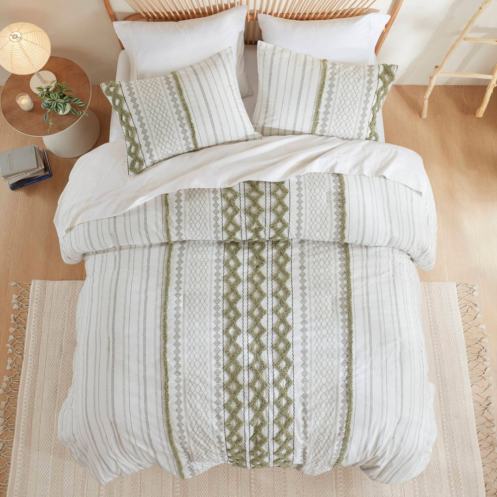 3 PCS King/Cal King Cotton Printed Duvet Cover Set with Chenille Sage/Ivory Media 12